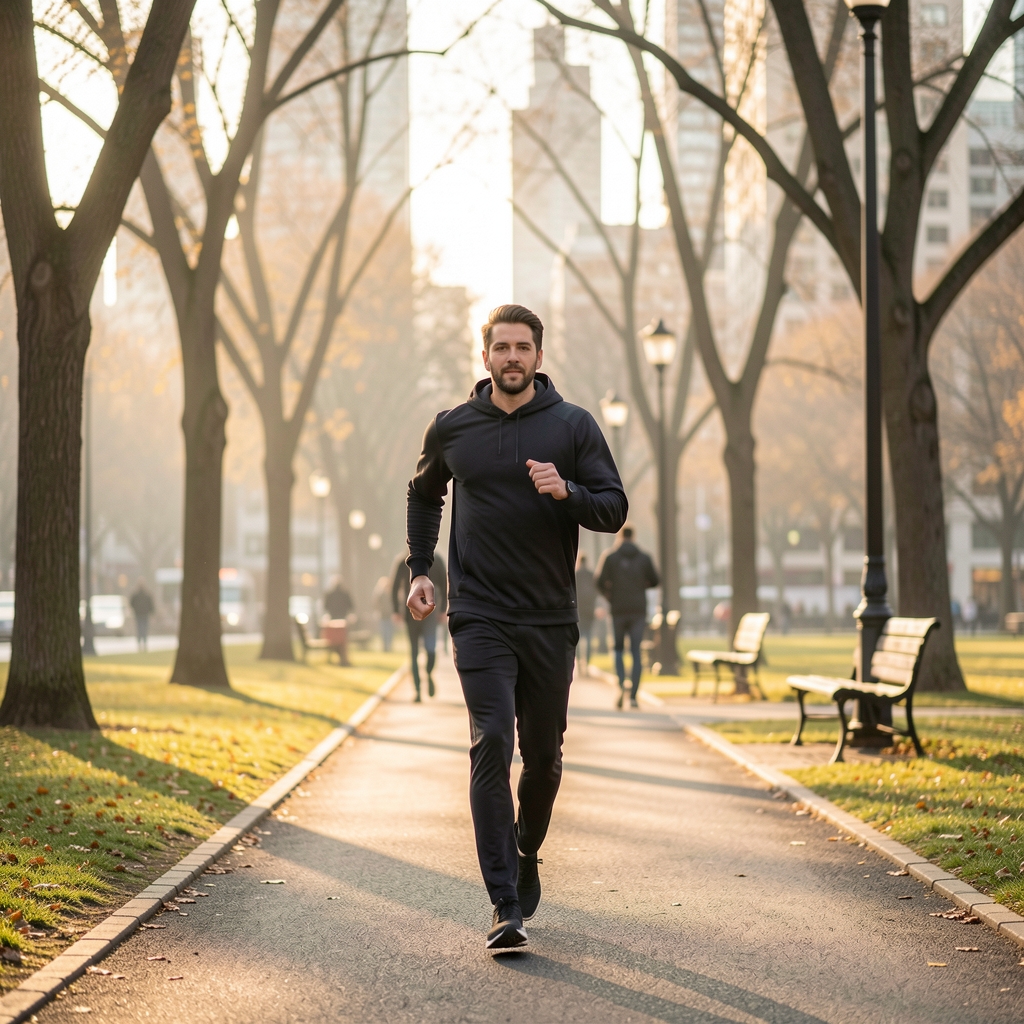Person walking briskly through a city park in early morning light, movement and lifestyle photography