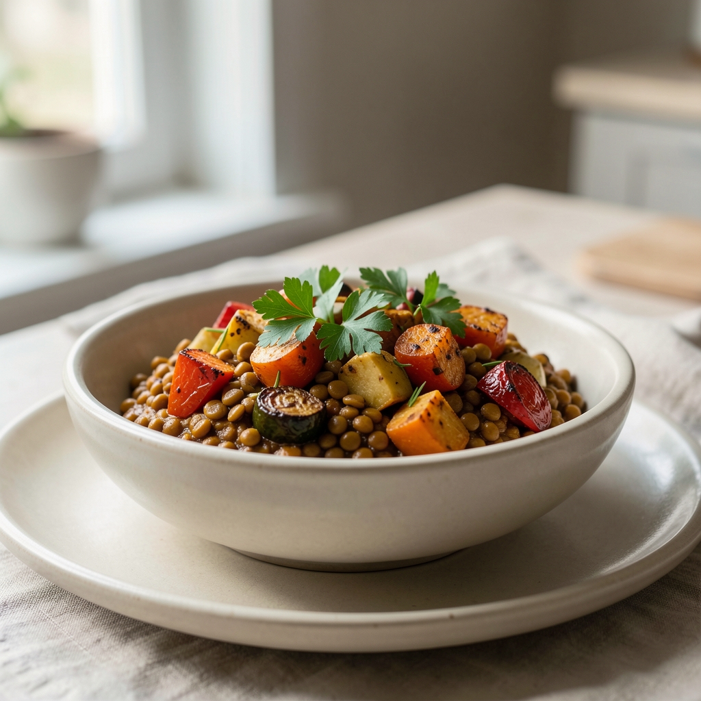 Bowl of spiced lentils with roasted vegetables and fresh herbs on a pale ceramic dish, natural window light