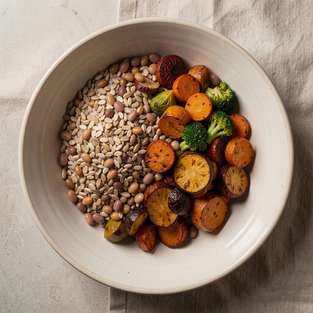 Bowl of whole grains, legumes and roasted seasonal vegetables on a pale ceramic plate, overhead editorial shot