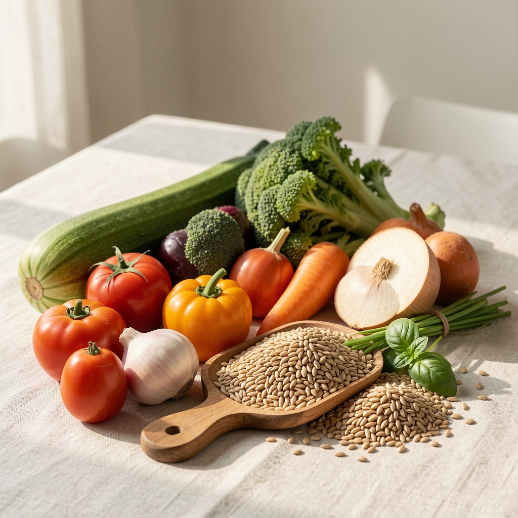 Seasonal vegetables and whole grains arranged on a pale linen surface in soft morning light, editorial food composition