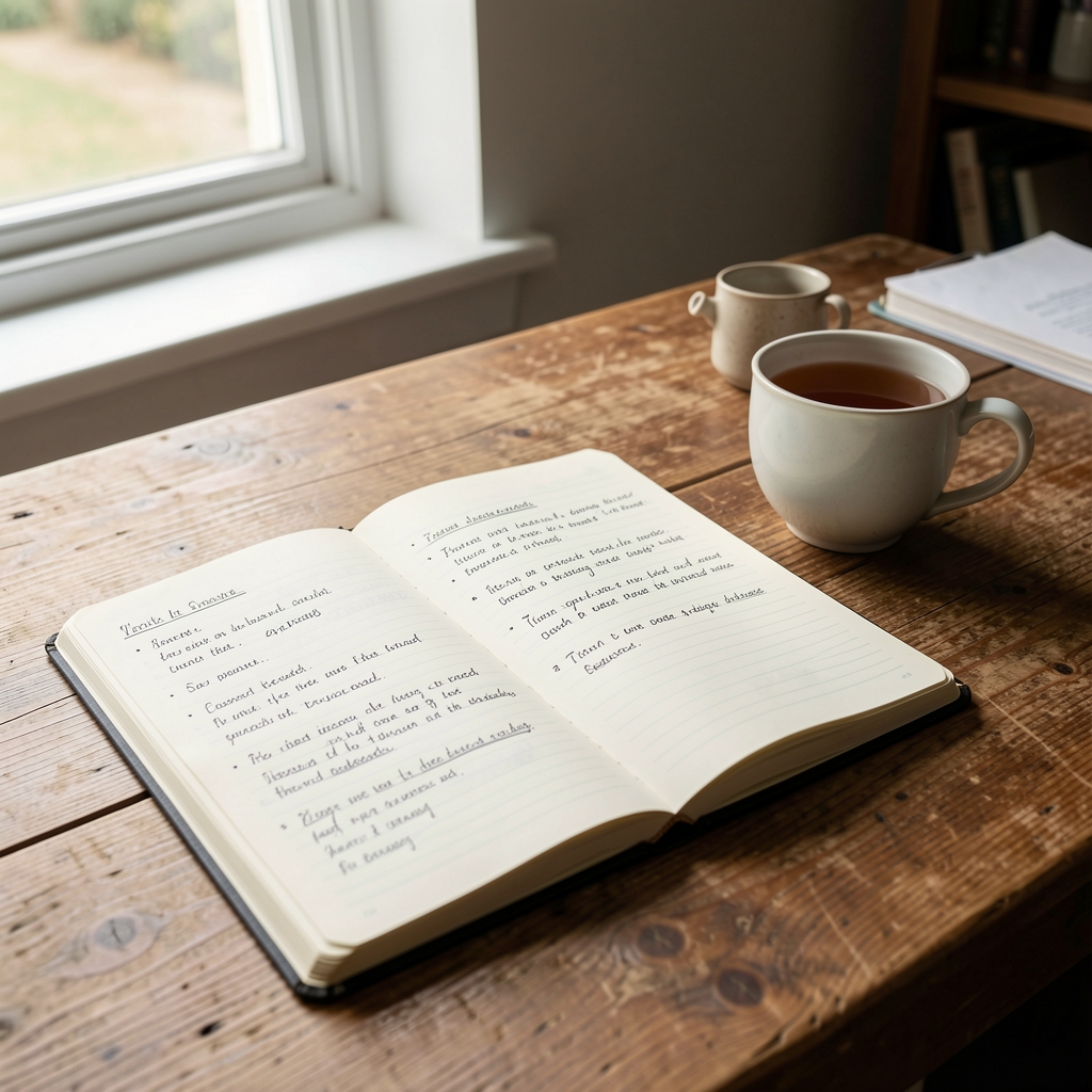 Open notebook with handwritten food diary notes on a wooden desk, pen resting alongside, soft daylight